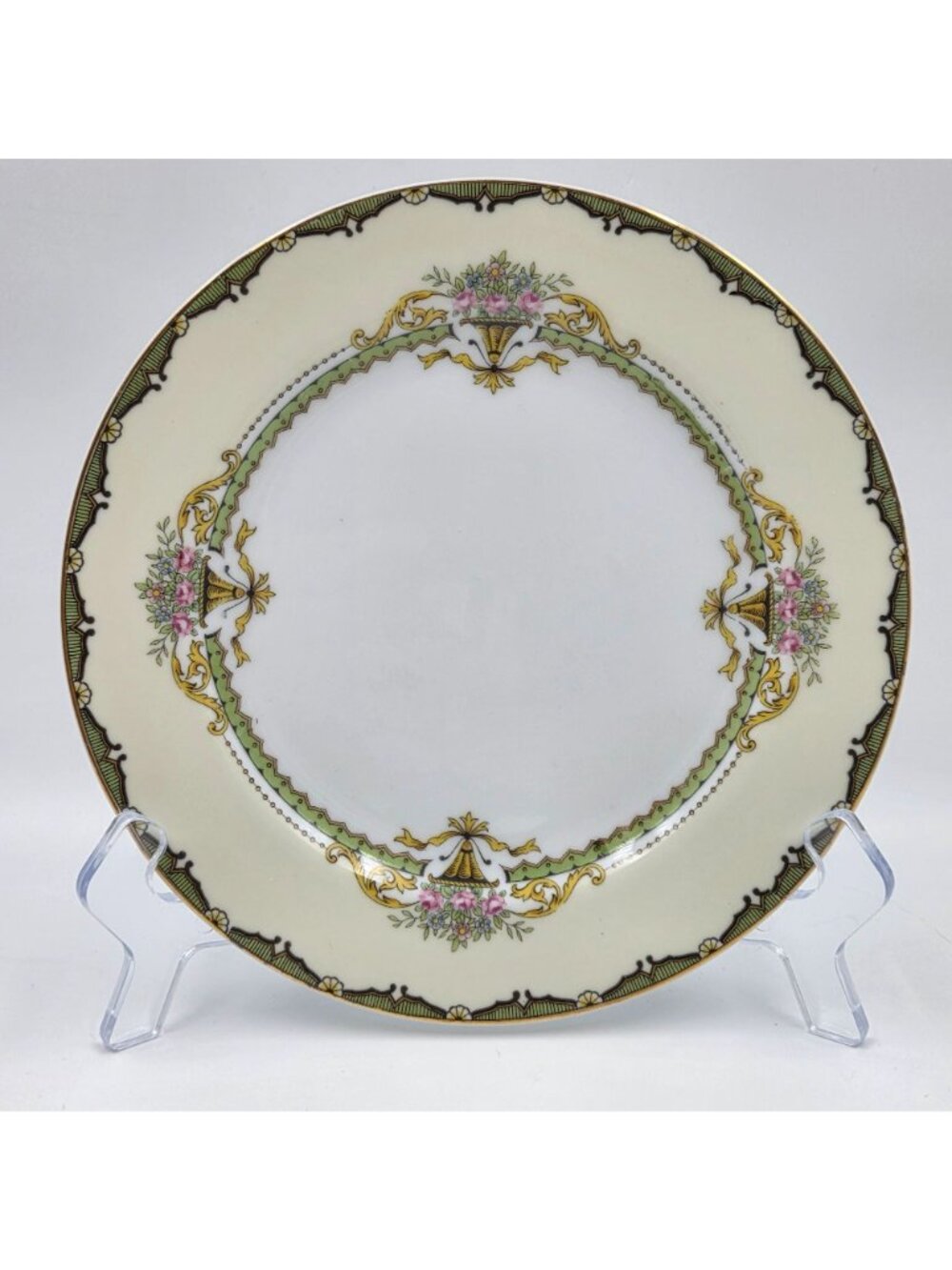 Noritake Penelope Set of 4 Salad Plates Green Border Pink Roses Urn Gold Trim